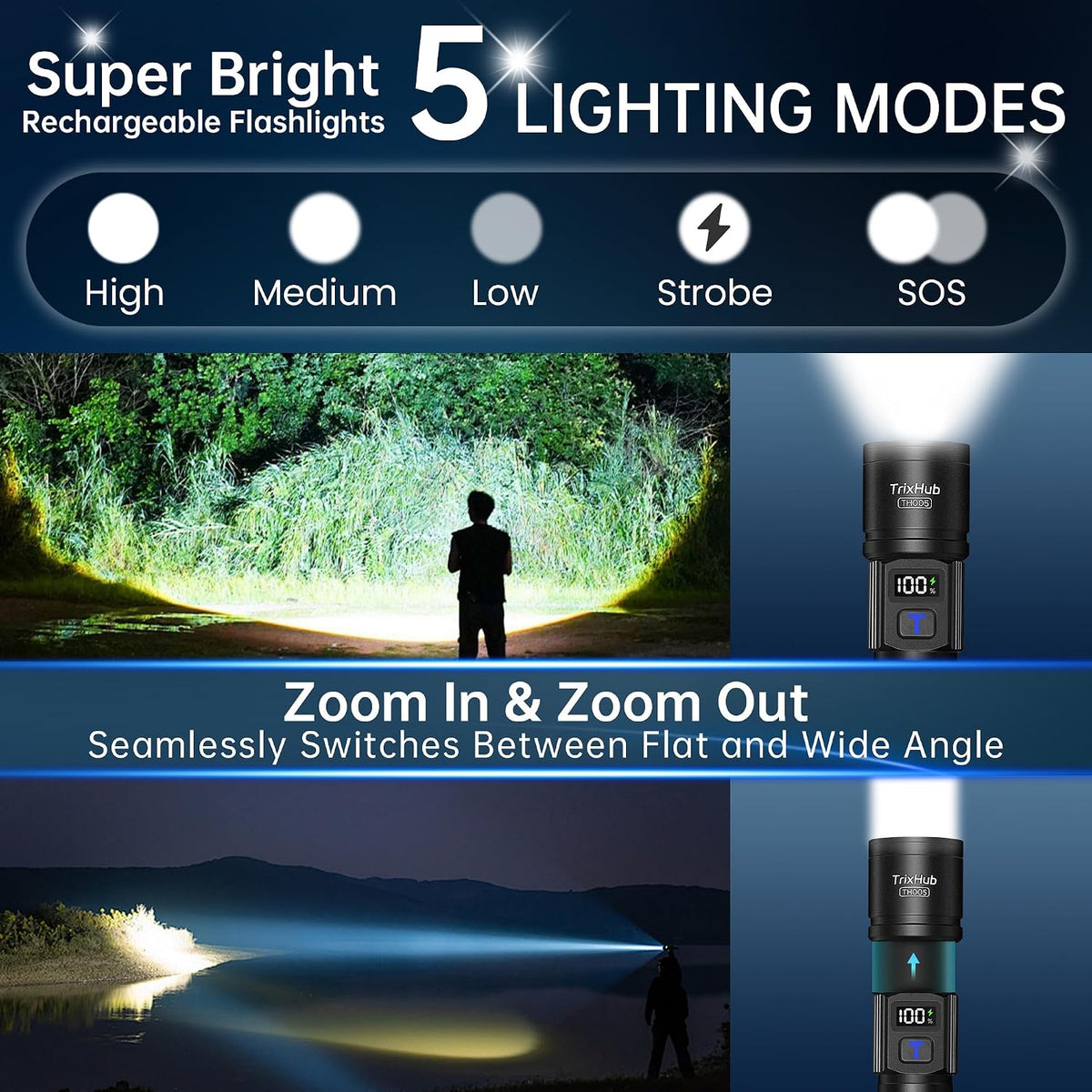 TrixHub Rechargeable Flashlights 2 Pack Super Bright High Lumens Flashlight