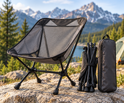 Camping chair shown with folded frame and carry bag
