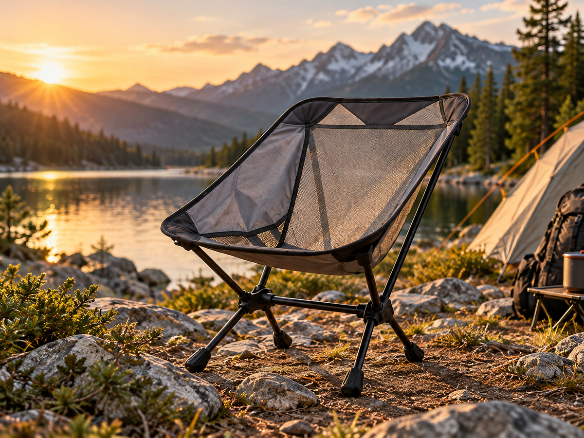 Ultralight mesh camping chair at a mountain lake campsite