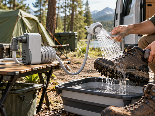 Portable shower pump used to rinse muddy hiking boots at a lakeside campsite