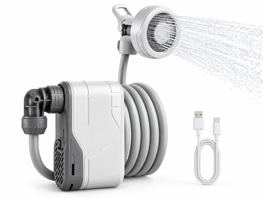 Portable rechargeable camping shower pump with coiled hose, handheld shower head, and charging cable